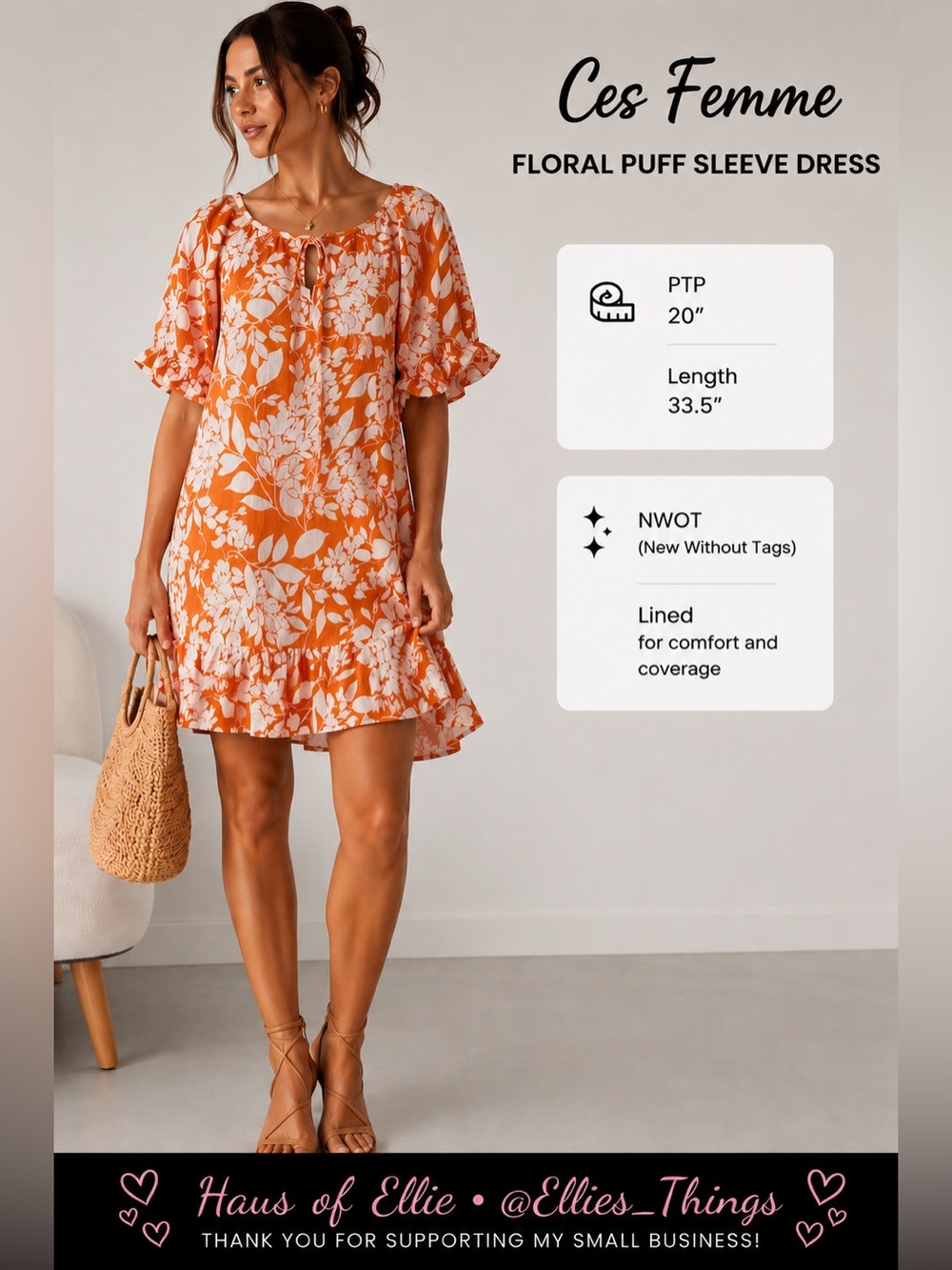 Ces Femme Orange Floral Puff Sleeve Dress Small NWOT